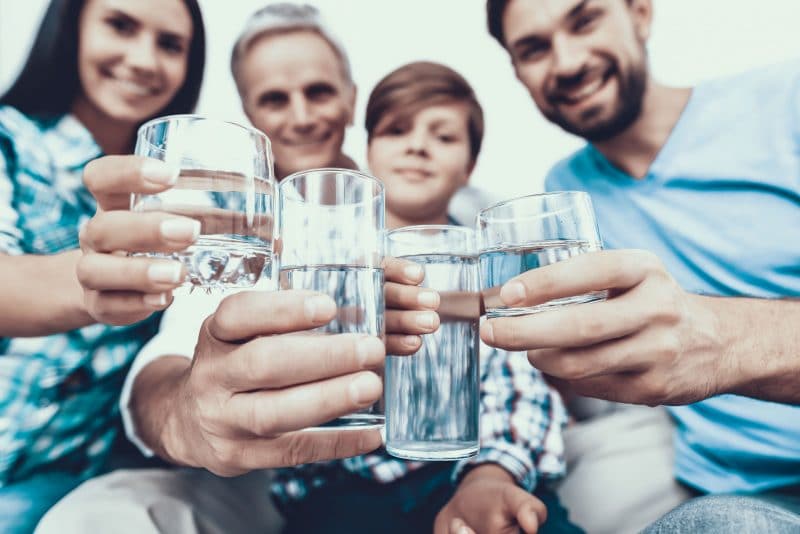 Smiling Family Drinking Water in Glasses at Home. Smiling Family Drinking Water in Glasses at Home. Father and Son. Smiling People. Parenthood Concept. Family at Home. Happy Family. Glass of Water. Young Woman. Family in Dining Room.